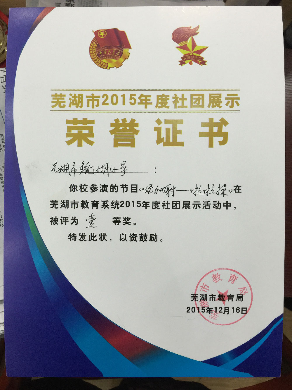 芜湖市2015年度社团展示一等奖.JPG